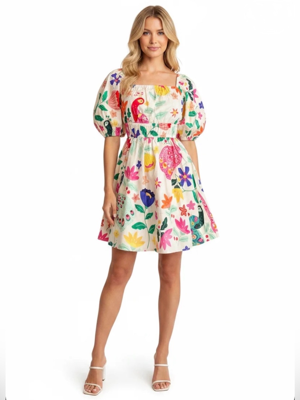 Sincerely Ours Arnette Pretty Peacock Puff Sleeve Mini Dress Cream Size L